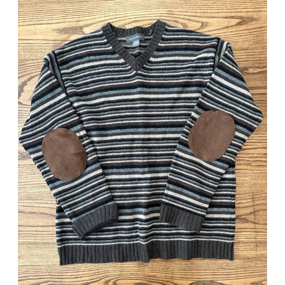 Banana Republic Men's‎ XL 100% Lambswool Striped Suede Elbow Pads Knit Sweater